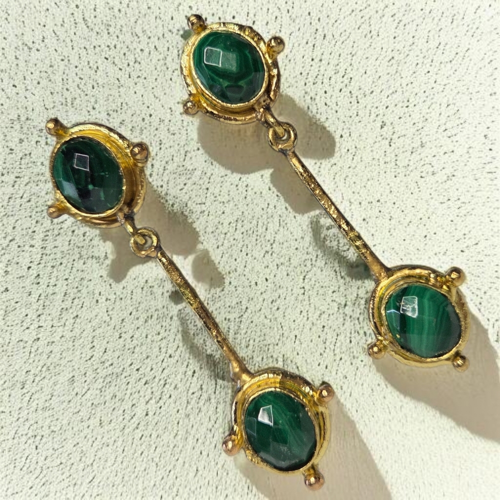 18k Gold Plated Artisan Natural Malachite Stone Drop Dangle Earrings - Picture 2 of 5